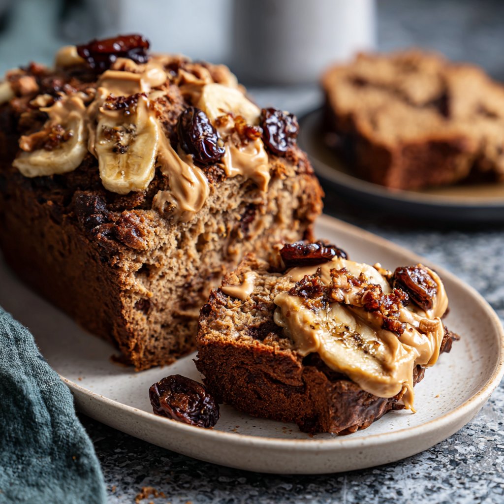 Bananenbrot mit Mandelmus und Datteln
