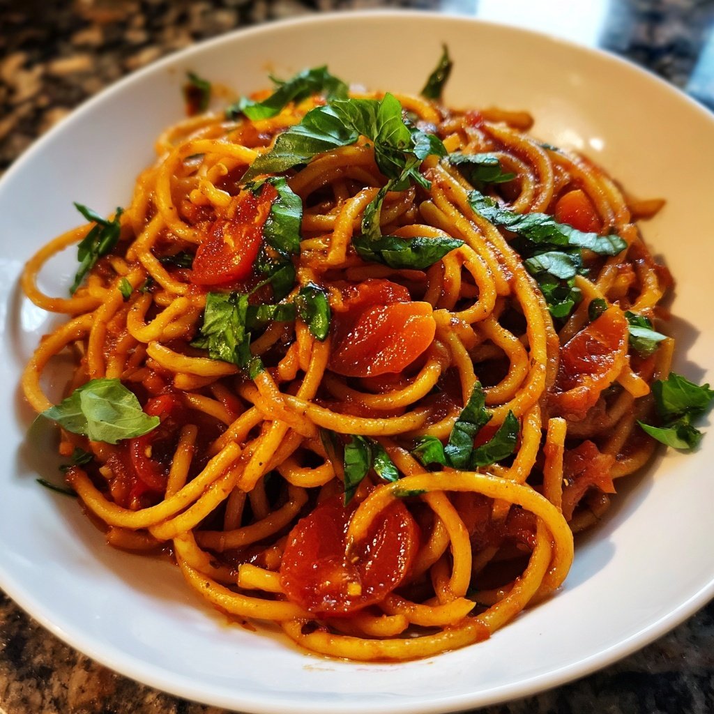 Spaghetti mit Tomaten und Basilikum